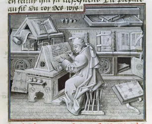 Ms 9198 f.19 El copista Jean Mielot trabajando en su scriptorium, de 